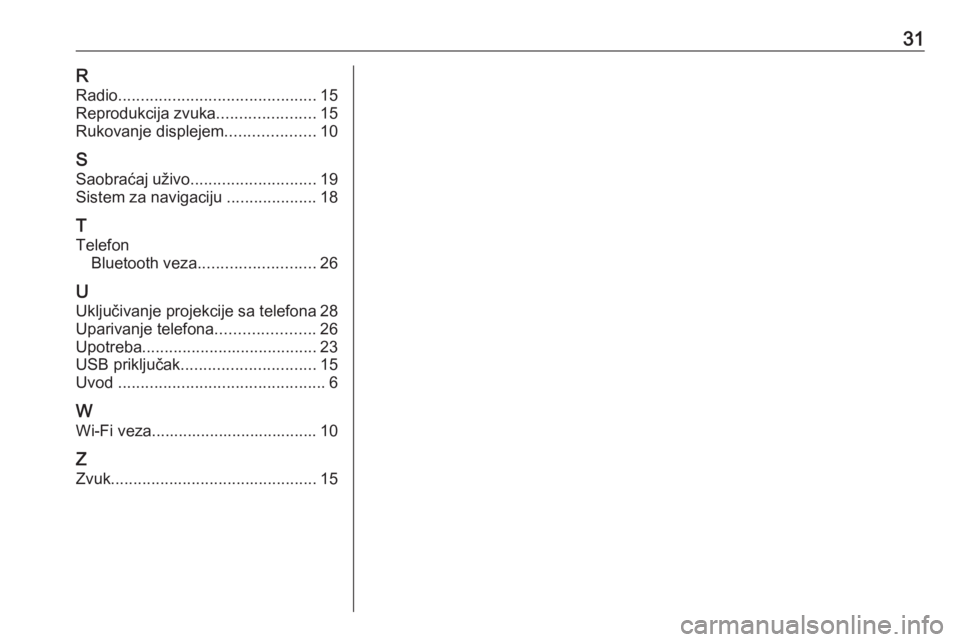 OPEL ASTRA K 2020  Uputstvo za rukovanje Infotainment sistemom (in Serbian) 31RRadio ............................................ 15
Reprodukcija zvuka ......................15
Rukovanje displejem ....................10
S Saobraćaj uživo ............................ 19
Sist