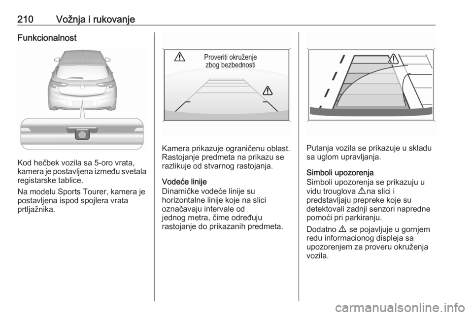 OPEL ASTRA K 2020  Uputstvo za upotrebu (in Serbian) 210Vožnja i rukovanjeFunkcionalnost
Kod hečbek vozila sa 5-oro vrata,
kamera je postavljena između svetala
registarske tablice.
Na modelu Sports Tourer, kamera je
postavljena ispod spojlera vrata
p