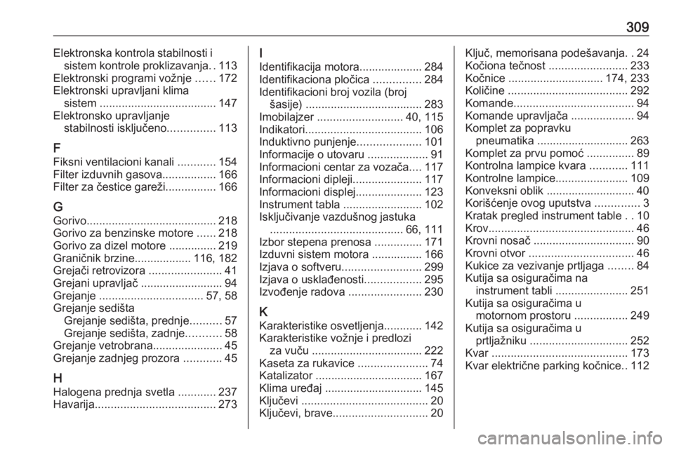 OPEL ASTRA K 2020  Uputstvo za upotrebu (in Serbian) 309Elektronska kontrola stabilnosti isistem kontrole proklizavanja ..113
Elektronski programi vožnje  ......172
Elektronski upravljani klima sistem  ..................................... 147
Elektron