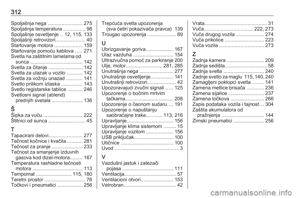 OPEL ASTRA K 2020  Uputstvo za upotrebu (in Serbian) 312Spoljašnja nega .........................275
Spoljašnja temperatura  ...............98
Spoljašnje osvetljenje  ..12, 115, 133
Spoljašnji retrovizori .....................40
Startovanje motora  