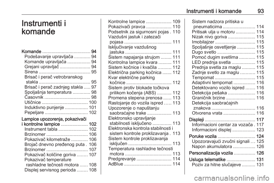 OPEL ASTRA K 2020  Uputstvo za upotrebu (in Serbian) Instrumenti i komande93Instrumenti i
komandeKomande ..................................... 94
Podešavanje upravljača ............94
Komande upravljača ..................94
Grejani upravljač .......