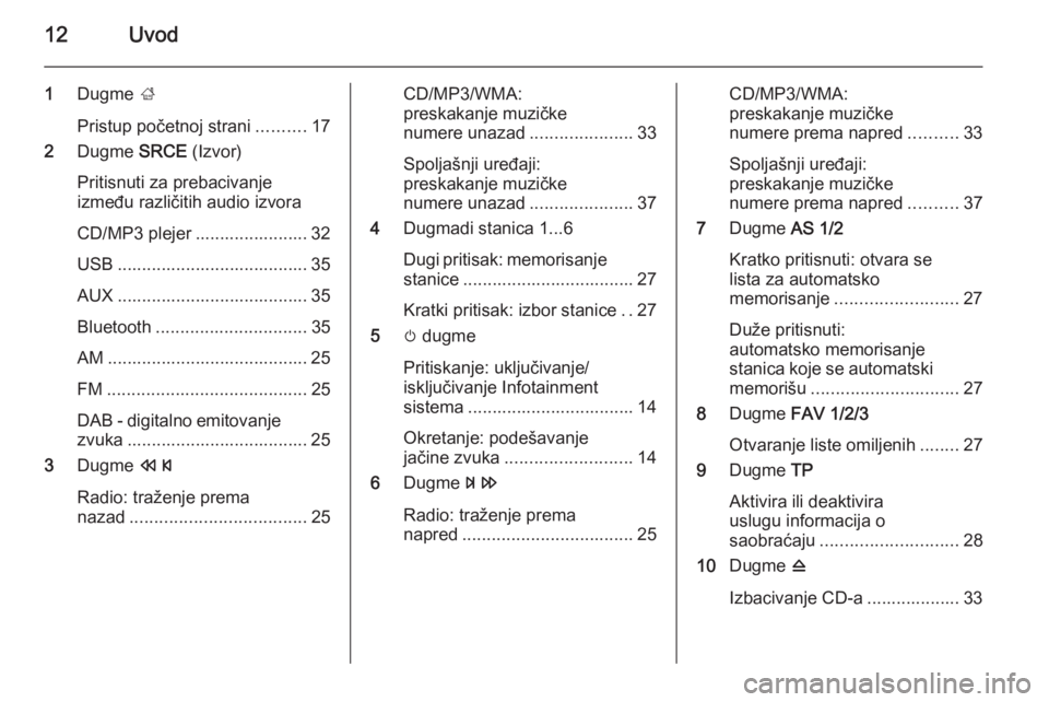 OPEL CASCADA 2014.5  Uputstvo za rukovanje Infotainment sistemom (in Serbian) 12Uvod
1Dugme  ;
Pristup početnoj strani ..........17
2 Dugme  SRCE (Izvor)
Pritisnuti za prebacivanje
između različitih audio izvora
CD/MP3 plejer ....................... 32
USB ..................