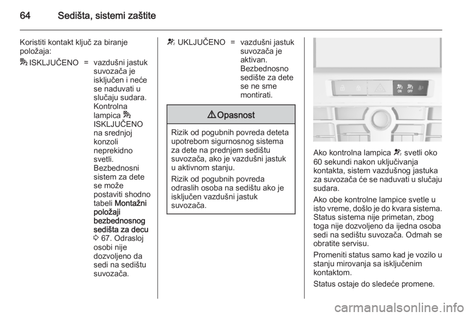 OPEL CASCADA 2014.5  Uputstvo za upotrebu (in Serbian) 64Sedišta, sistemi zaštite
Koristiti kontakt ključ za biranje
položaja:*  ISKLJUČENO=vazdušni jastuk
suvozača je
isključen i neće
se naduvati u
slučaju sudara.
Kontrolna
lampica  *
ISKLJUČE