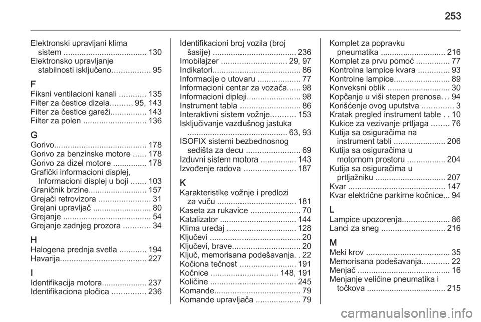 OPEL CASCADA 2015  Uputstvo za upotrebu (in Serbian) 253
Elektronski upravljani klimasistem  ..................................... 130
Elektronsko upravljanje stabilnosti isključeno .................95
F
Fiksni ventilacioni kanali  ............135
Filt