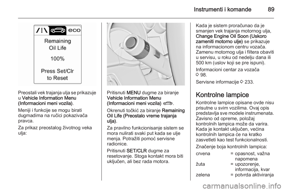 OPEL CASCADA 2015  Uputstvo za upotrebu (in Serbian) Instrumenti i komande89
Preostali vek trajanja ulja se prikazujeu  Vehicle Information Menu
(Informacioni meni vozila) .
Meniji i funkcije se mogu birati
dugmadima na ručici pokazivača
pravca.
Za pr