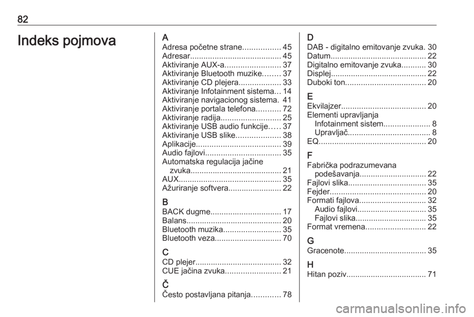 OPEL CASCADA 2016  Uputstvo za rukovanje Infotainment sistemom (in Serbian) 82Indeks pojmovaAAdresa početne strane .................45
Adresar ......................................... 45
Aktiviranje AUX-a .........................37
Aktiviranje Bluetooth muzike ........37
A