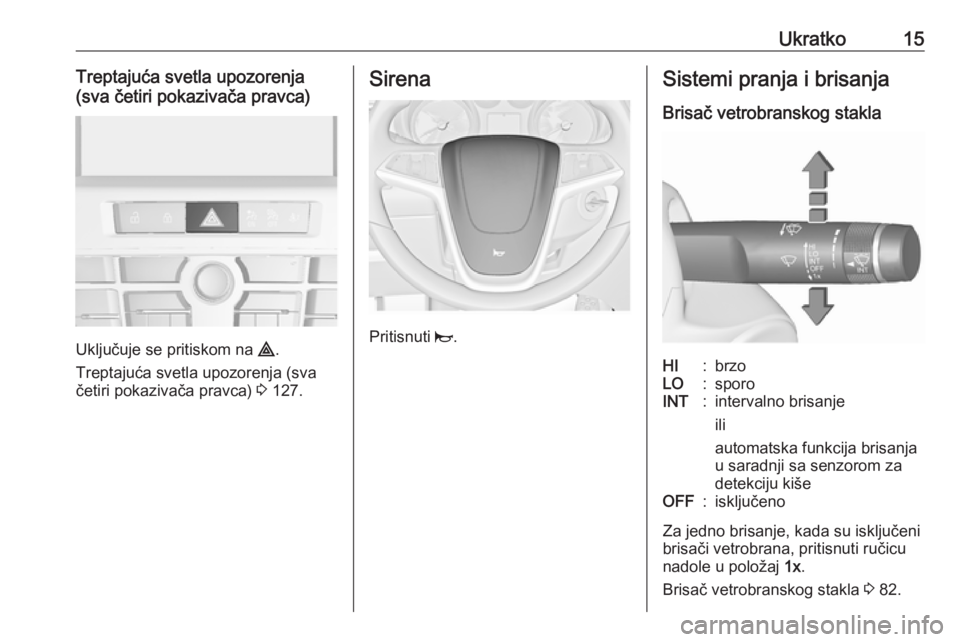 OPEL CASCADA 2016  Uputstvo za upotrebu (in Serbian) Ukratko15Treptajuća svetla upozorenja
(sva četiri pokazivača pravca)
Uključuje se pritiskom na  ¨.
Treptajuća svetla upozorenja (sva
četiri pokazivača pravca)  3 127.
Sirena
Pritisnuti  j.
Sis