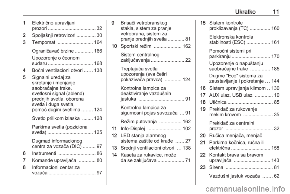OPEL CASCADA 2018  Uputstvo za upotrebu (in Serbian) Ukratko111Električno upravljani
prozori ................................... 32
2 Spoljašnji retrovizori ..............30
3 Tempomat  .......................... 164
Ograničavač brzine .............