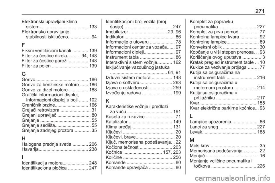 OPEL CASCADA 2018  Uputstvo za upotrebu (in Serbian) 271Elektronski upravljani klimasistem  ..................................... 133
Elektronsko upravljanje stabilnosti isključeno .................94
F
Fiksni ventilacioni kanali  ............139
Filte