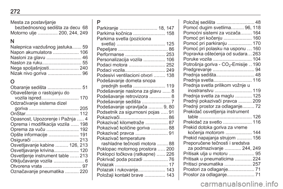 OPEL CASCADA 2018  Uputstvo za upotrebu (in Serbian) 272Mesta za postavljanjebezbednosnog sedišta za decu  68
Motorno ulje  ...............200, 244, 249
N Nalepnica vazdušnog jastuka .......59
Napon akumulatora  ...................106
Nasloni za glavu