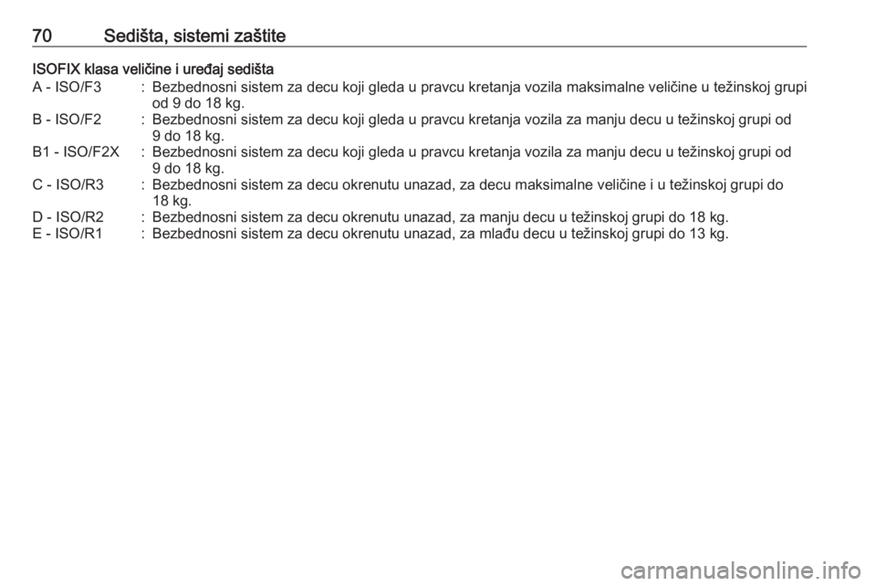 OPEL CASCADA 2018  Uputstvo za upotrebu (in Serbian) 70Sedišta, sistemi zaštiteISOFIX klasa veličine i uređaj sedištaA - ISO/F3:Bezbednosni sistem za decu koji gleda u pravcu kretanja vozila maksimalne veličine u težinskoj grupiod 9 do 18 kg.B - 