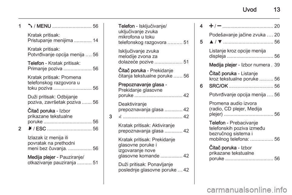 OPEL COMBO 2014  Uputstvo za rukovanje Infotainment sistemom (in Serbian) Uvod13
1Â / MENU ............................. 56
Kratak pritisak:
Pristupanje menijima ............. 14
Kratak pritisak:
Potvrđivanje opcija menija ....56
Telefon  - Kratak pritisak:
Primanje poziv