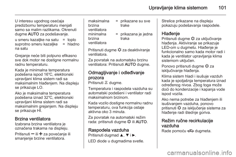 OPEL COMBO 2014  Uputstvo za upotrebu (in Serbian) Upravljanje klima sistemom101
U interesu ugodnog osećaja
predizbornu temperaturu menjati
samo sa malim razlikama. Okrenuti
dugme  AUTO za podešavanje.u smeru kazaljke na satu=toplosuprotno smeru kaz