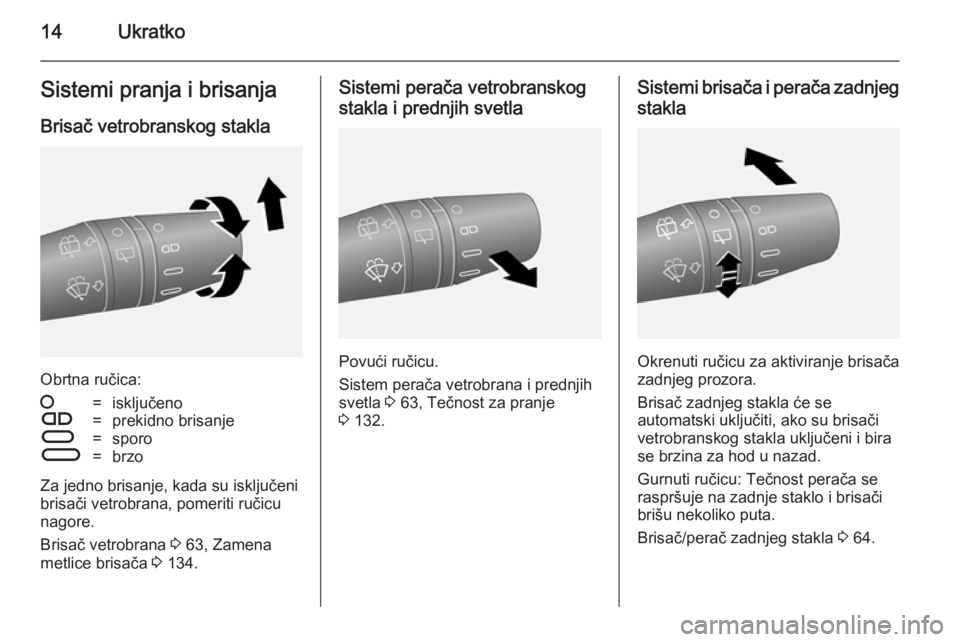 OPEL COMBO 2014  Uputstvo za upotrebu (in Serbian) 14UkratkoSistemi pranja i brisanjaBrisač vetrobranskog stakla
Obrtna ručica:
§=isključenoÇ=prekidno brisanjeÈ=sporoÉ=brzo
Za jedno brisanje, kada su isključeni
brisači vetrobrana, pomeriti ru