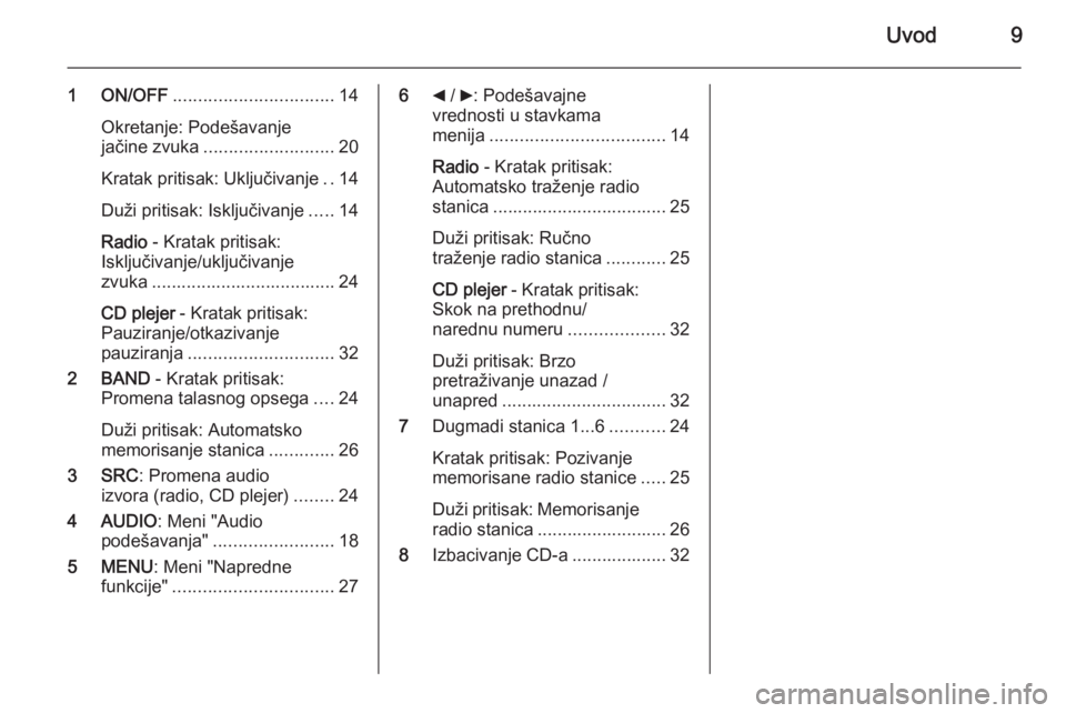 OPEL COMBO 2015  Uputstvo za rukovanje Infotainment sistemom (in Serbian) Uvod9
1 ON/OFF................................ 14
Okretanje: Podešavanje
jačine zvuka .......................... 20
Kratak pritisak: Uključivanje ..14
Duži pritisak: Isključivanje .....14
Radio  