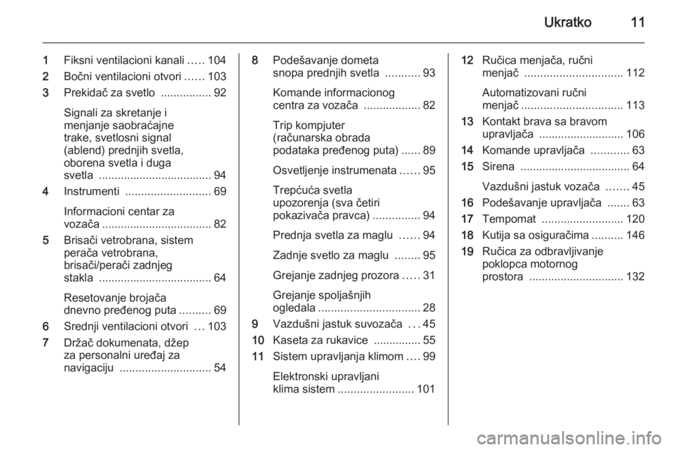 OPEL COMBO 2015  Uputstvo za upotrebu (in Serbian) Ukratko11
1Fiksni ventilacioni kanali .....104
2 Bočni ventilacioni otvori ......103
3 Prekidač za svetlo  ................92
Signali za skretanje i
menjanje saobraćajne
trake, svetlosni signal
(ab