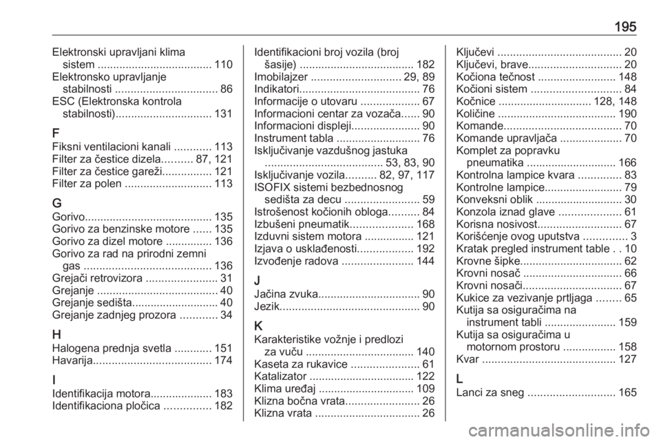OPEL COMBO 2017  Uputstvo za upotrebu (in Serbian) 195Elektronski upravljani klimasistem  ..................................... 110
Elektronsko upravljanje stabilnosti  ................................. 86
ESC (Elektronska kontrola stabilnosti) ......