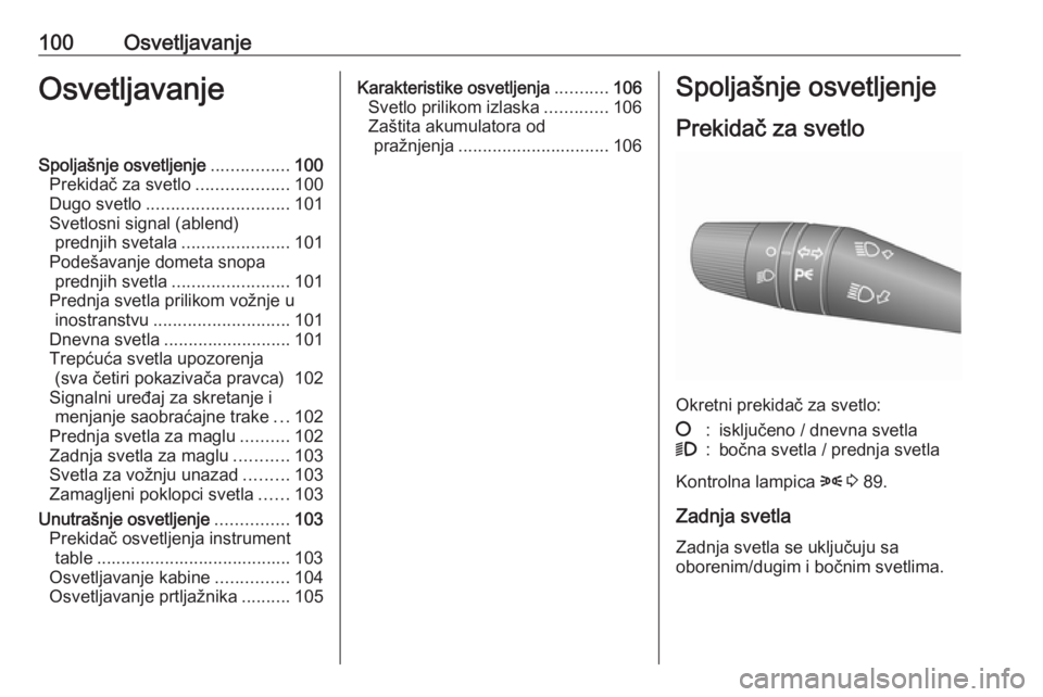OPEL COMBO D 2017.5  Uputstvo za upotrebu (in Serbian) 100OsvetljavanjeOsvetljavanjeSpoljašnje osvetljenje................100
Prekidač za svetlo ...................100
Dugo svetlo ............................. 101
Svetlosni signal (ablend) prednjih svet