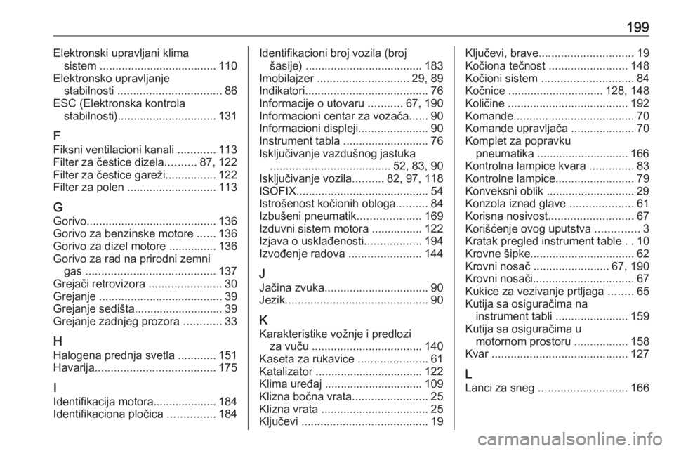 OPEL COMBO D 2017.5  Uputstvo za upotrebu (in Serbian) 199Elektronski upravljani klimasistem  ..................................... 110
Elektronsko upravljanje stabilnosti  ................................. 86
ESC (Elektronska kontrola stabilnosti) ......