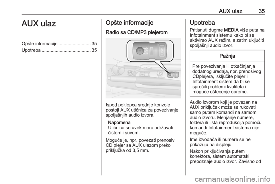 OPEL COMBO D 2018  Uputstvo za rukovanje Infotainment sistemom (in Serbian) AUX ulaz35AUX ulazOpšte informacije.........................35
Upotreba ...................................... 35Opšte informacije
Radio sa CD/MP3 plejerom
Ispod poklopca srednje konzole
postoji AUX