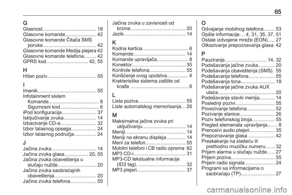 OPEL COMBO D 2018  Uputstvo za rukovanje Infotainment sistemom (in Serbian) 65GGlasnost ....................................... 18
Glasovne komande....................... 42 Glasovne komande Čitača SMS poruka ....................................... 42
Glasovne komande Medij
