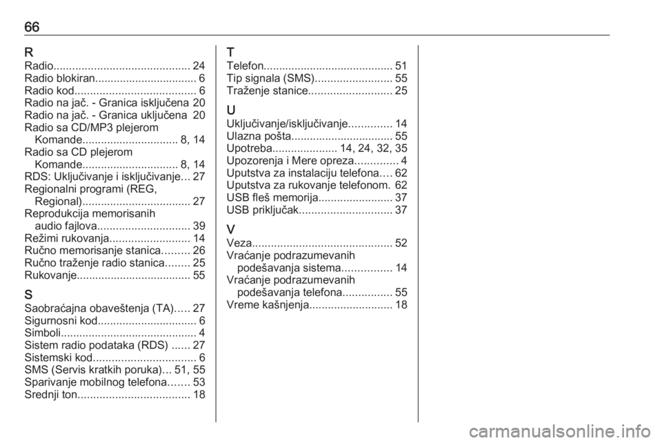 OPEL COMBO D 2018  Uputstvo za rukovanje Infotainment sistemom (in Serbian) 66RRadio ............................................ 24
Radio blokiran................................. 6 Radio kod ....................................... 6
Radio na jač. - Granica isključena 20
R