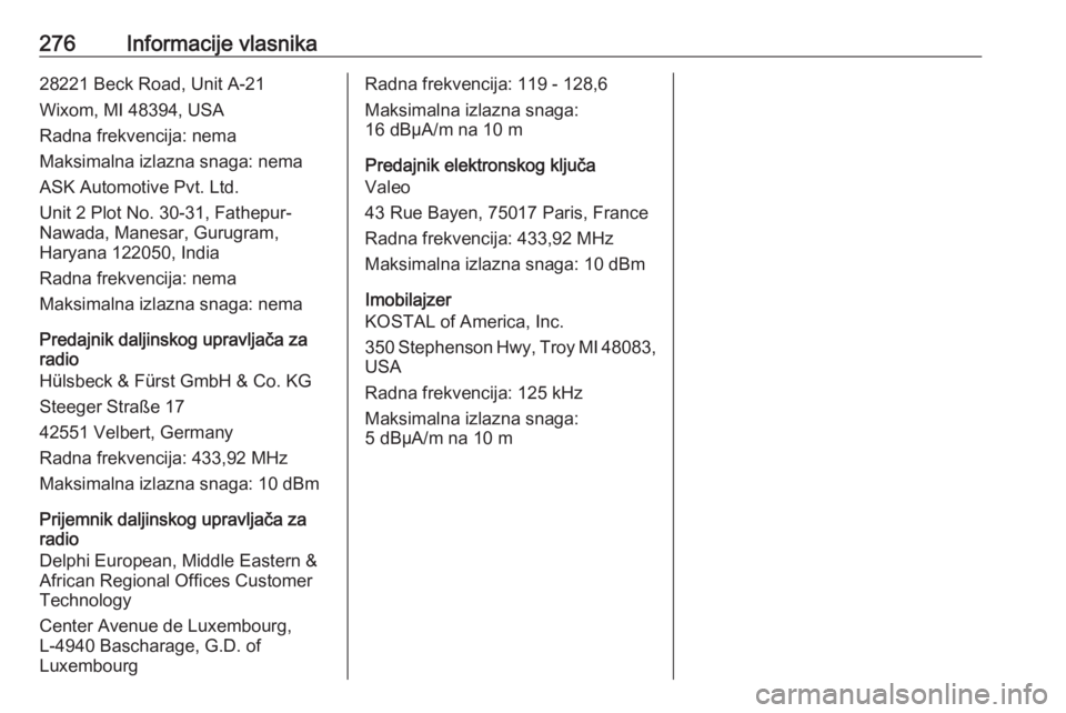 OPEL COMBO E 2019.1 Uputstvo za upotrebu (in Serbian) 276Informacije vlasnika28221 Beck Road, Unit A-21
Wixom, MI 48394, USA
Radna frekvencija: nema
Maksimalna izlazna snaga: nema
ASK Automotive Pvt. Ltd.
Unit 2 Plot No. 30-31, Fathepur-
Nawada, Manesar, OPEL COMBO E 2019.1 Uputstvo za upotrebu (in Serbian) 276Informacije vlasnika28221 Beck Road, Unit A-21
Wixom, MI 48394, USA
Radna frekvencija: nema
Maksimalna izlazna snaga: nema
ASK Automotive Pvt. Ltd.
Unit 2 Plot No. 30-31, Fathepur-
Nawada, Manesar,