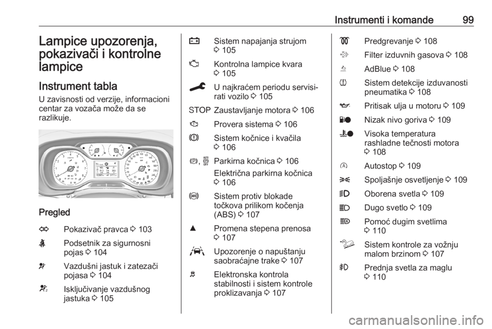 OPEL COMBO E 2019.75  Uputstvo za upotrebu (in Serbian) Instrumenti i komande99Lampice upozorenja,
pokazivači i kontrolne lampice
Instrument tabla U zavisnosti od verzije, informacioni
centar za vozača može da se
razlikuje.
Pregled
OPokazivač pravca  3