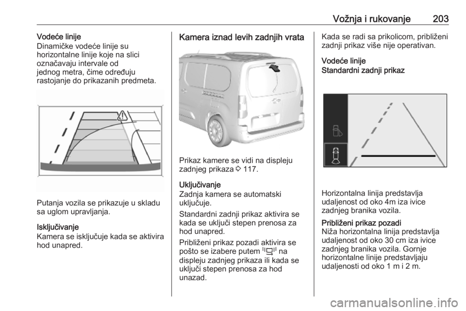 OPEL COMBO E 2019.75 Uputstvo za upotrebu (in Serbian) Vožnja i rukovanje203Vodeće linije
Dinamičke vodeće linije su
horizontalne linije koje na slici
označavaju intervale od
jednog metra, čime određuju
rastojanje do prikazanih predmeta.
Putanja vo OPEL COMBO E 2019.75 Uputstvo za upotrebu (in Serbian) Vožnja i rukovanje203Vodeće linije
Dinamičke vodeće linije su
horizontalne linije koje na slici
označavaju intervale od
jednog metra, čime određuju
rastojanje do prikazanih predmeta.
Putanja vo