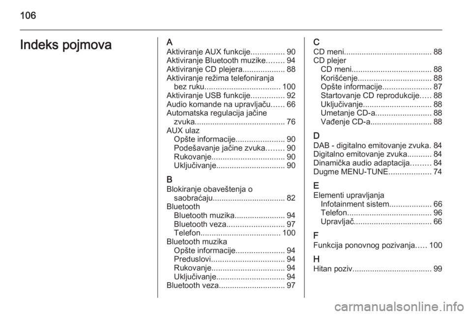 OPEL CORSA 2015  Uputstvo za rukovanje Infotainment sistemom (in Serbian) 106Indeks pojmovaAAktiviranje AUX funkcije ...............90
Aktiviranje Bluetooth muzike ........94
Aktiviranje CD plejera ...................88
Aktiviranje režima telefoniranja bez ruku ...........