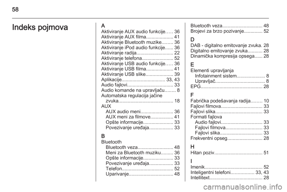 OPEL CORSA 2015  Uputstvo za rukovanje Infotainment sistemom (in Serbian) 58Indeks pojmovaAAktiviranje AUX audio funkcije .....36
Aktiviranje AUX filma ....................41
Aktiviranje Bluetooth muzike ........36
Aktiviranje iPod audio funkcije ......36
Aktiviranje radija