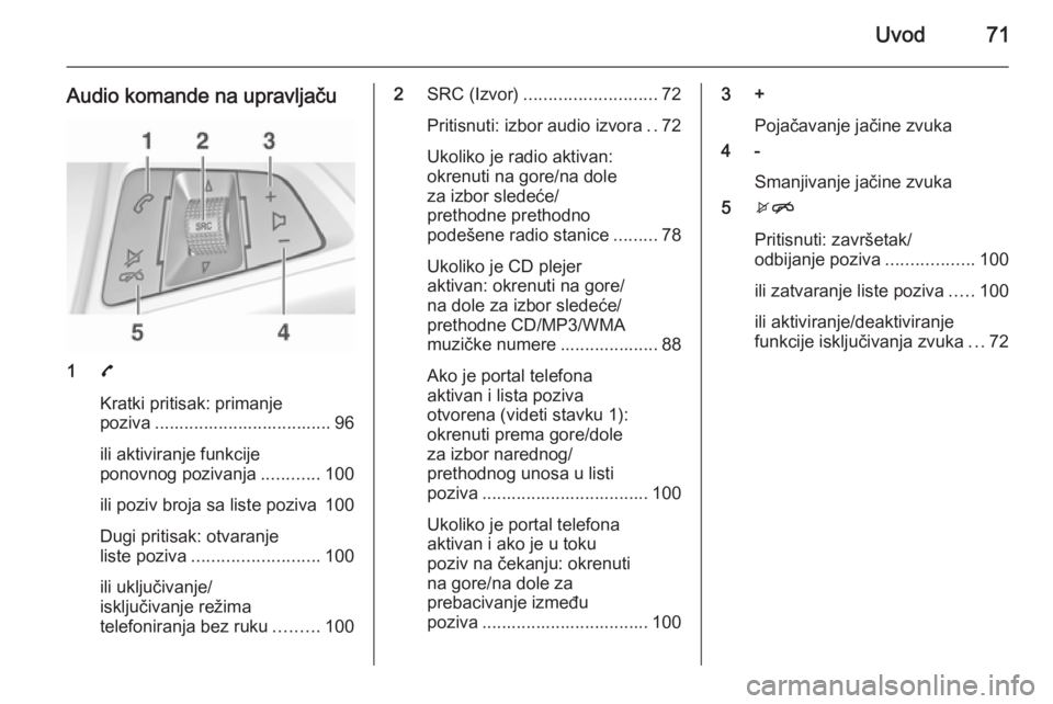 OPEL CORSA 2015  Uputstvo za rukovanje Infotainment sistemom (in Serbian) Uvod71
Audio komande na upravljaču
17
Kratki pritisak: primanje
poziva .................................... 96
ili aktiviranje funkcije
ponovnog pozivanja ............100
ili poziv broja sa liste poz