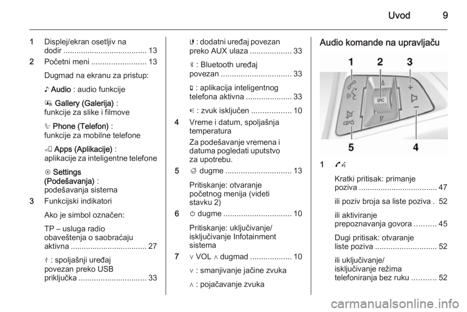 OPEL KARL 2016.5  Uputstvo za rukovanje Infotainment sistemom (in Serbian) Uvod9
1Displej/ekran osetljiv na
dodir ...................................... 13
2 Početni meni ......................... 13
Dugmad na ekranu za pristup:
♪  Audio  : audio funkcije
P  Gallery (Gale