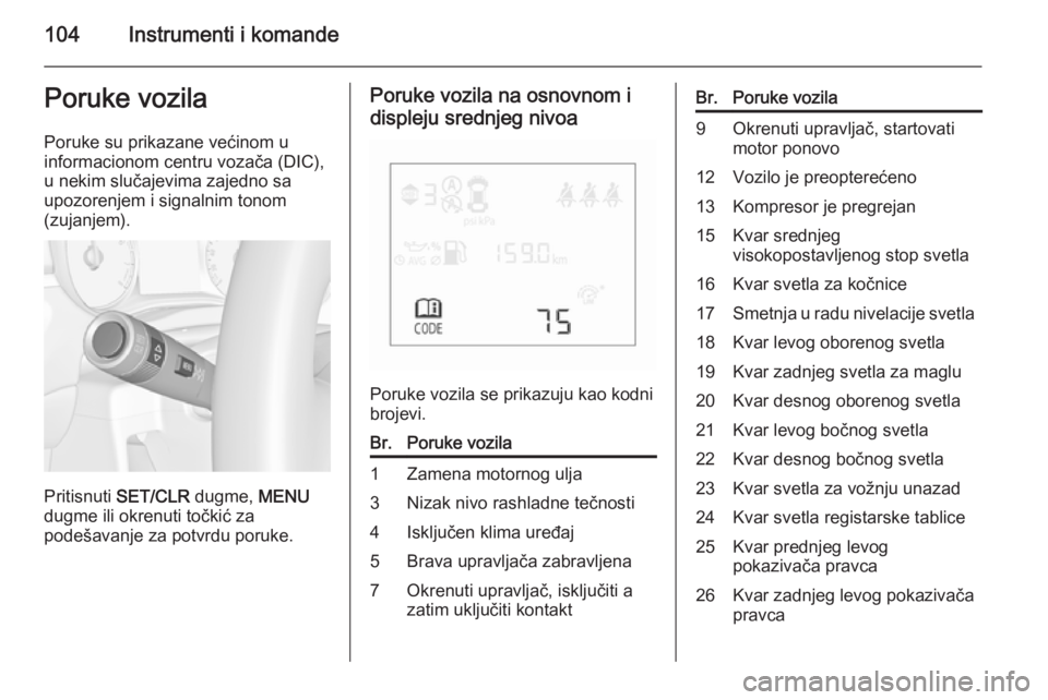 OPEL CORSA 2015.5  Uputstvo za upotrebu (in Serbian) 104Instrumenti i komandePoruke vozila
Poruke su prikazane većinom u
informacionom centru vozača (DIC),
u nekim slučajevima zajedno sa
upozorenjem i signalnim tonom
(zujanjem).
Pritisnuti  SET/CLR  
