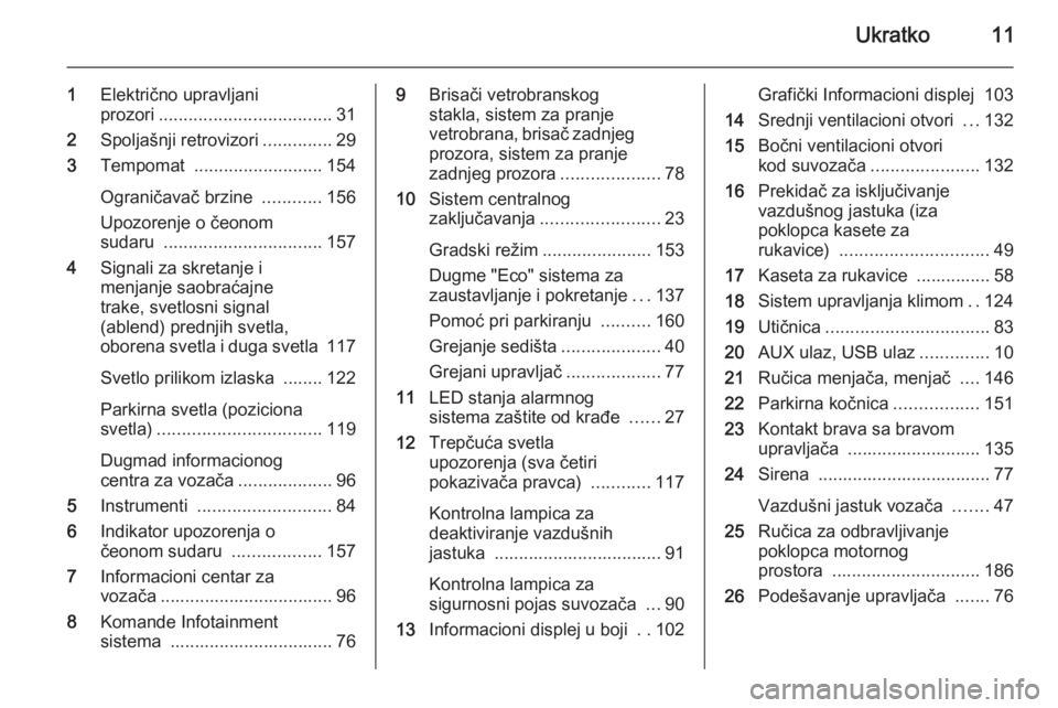 OPEL CORSA 2015.5 Uputstvo za upotrebu (in Serbian) Ukratko11
1Električno upravljani
prozori ................................... 31
2 Spoljašnji retrovizori ..............29
3 Tempomat .......................... 154
Ograničavač brzine ........... OPEL CORSA 2015.5 Uputstvo za upotrebu (in Serbian) Ukratko11
1Električno upravljani
prozori ................................... 31
2 Spoljašnji retrovizori ..............29
3 Tempomat .......................... 154
Ograničavač brzine ...........