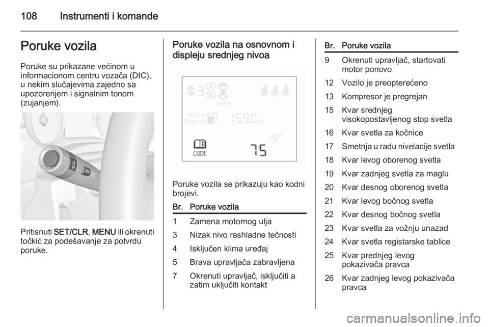OPEL CORSA 2015.75  Uputstvo za upotrebu (in Serbian) 108Instrumenti i komandePoruke vozila
Poruke su prikazane većinom u
informacionom centru vozača (DIC),
u nekim slučajevima zajedno sa
upozorenjem i signalnim tonom
(zujanjem).
Pritisnuti  SET/CLR ,