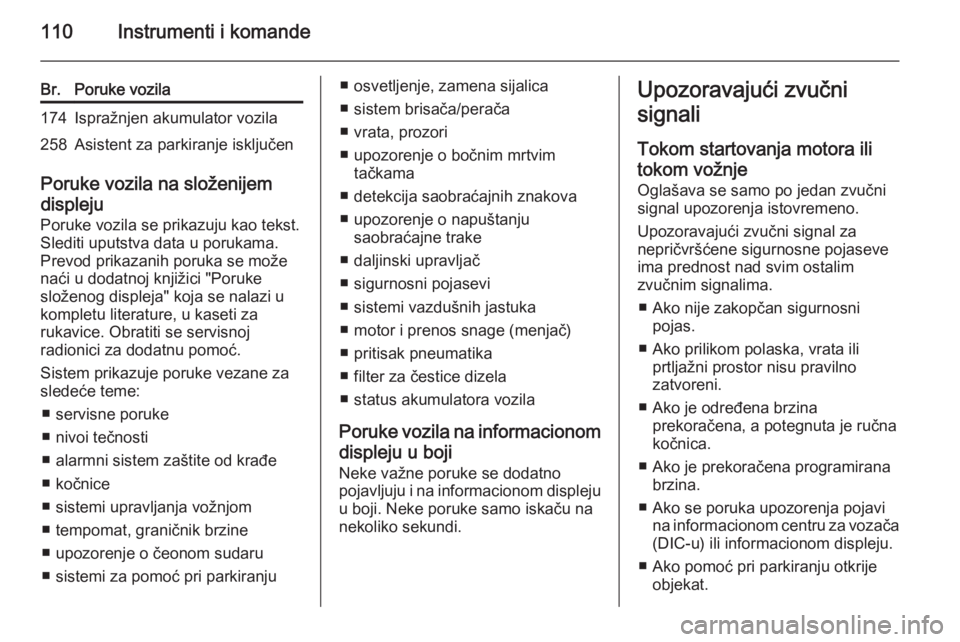 OPEL CORSA 2015.75  Uputstvo za upotrebu (in Serbian) 110Instrumenti i komande
Br.Poruke vozila174Ispražnjen akumulator vozila258Asistent za parkiranje isključen
Poruke vozila na složenijem
displeju
Poruke vozila se prikazuju kao tekst.
Slediti uputst