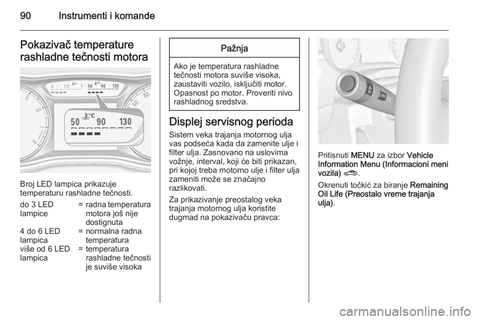 OPEL CORSA 2015.75  Uputstvo za upotrebu (in Serbian) 90Instrumenti i komandePokazivač temperature
rashladne tečnosti motora
Broj LED lampica prikazuje
temperaturu rashladne tečnosti.
do 3 LED
lampice=radna temperatura
motora još nije
dostignuta4 do 