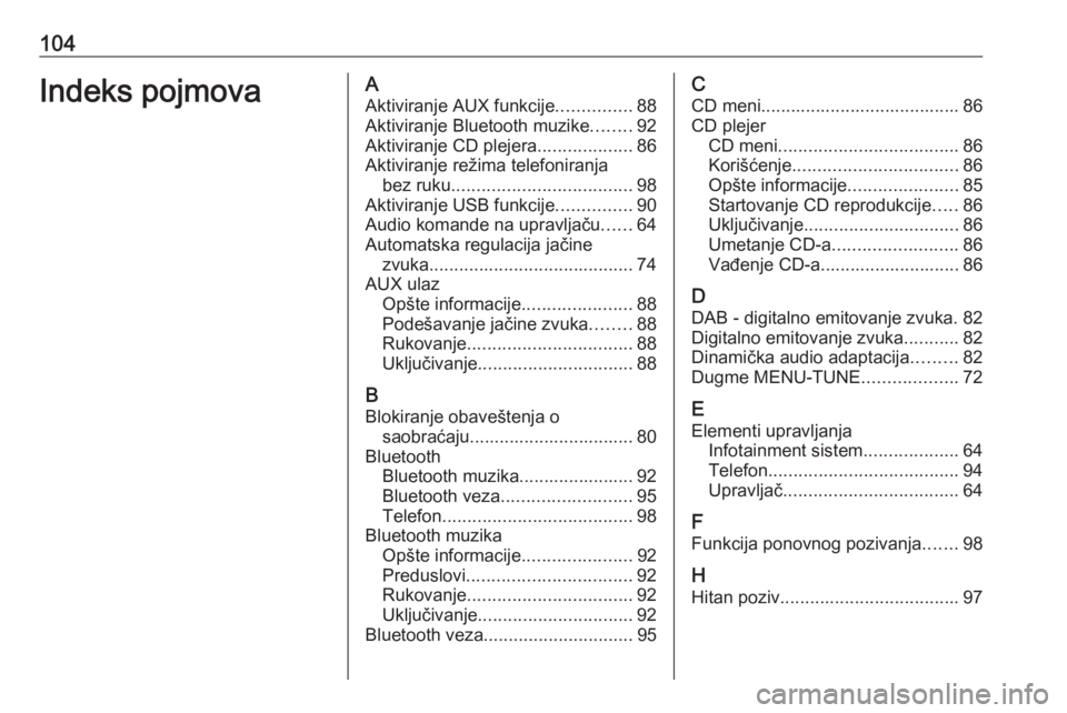 OPEL CORSA 2016  Uputstvo za rukovanje Infotainment sistemom (in Serbian) 104Indeks pojmovaAAktiviranje AUX funkcije ...............88
Aktiviranje Bluetooth muzike ........92
Aktiviranje CD plejera ...................86
Aktiviranje režima telefoniranja bez ruku ...........