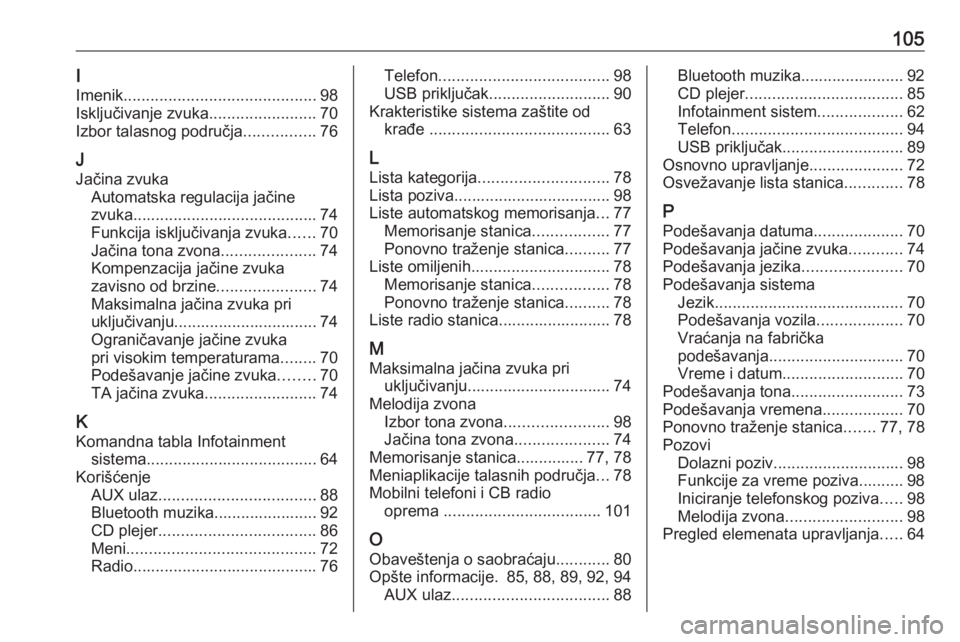 OPEL CORSA 2016  Uputstvo za rukovanje Infotainment sistemom (in Serbian) 105I
Imenik ........................................... 98
Isključivanje zvuka ........................70
Izbor talasnog područja ................76
J Jačina zvuka Automatska regulacija jačine
zvu