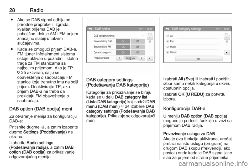 OPEL CORSA 2016  Uputstvo za rukovanje Infotainment sistemom (in Serbian) 28Radio● Ako se DAB signal odbija odprirodne prepreke ili zgrada,
kvalitet prijema DAB je
poboljšan, dok je AM i FM prijem značajno slabiji u takvim
slučajevima.
● Kada se omogući prijem DAB-a