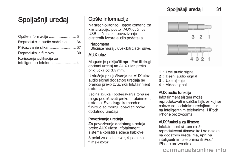 OPEL CORSA 2016  Uputstvo za rukovanje Infotainment sistemom (in Serbian) Spoljašnji uređaji31Spoljašnji uređajiOpšte informacije.........................31
Reprodukcija audio sadržaja .......34
Prikazivanje slika .........................37
Reprodukcija filmova .....