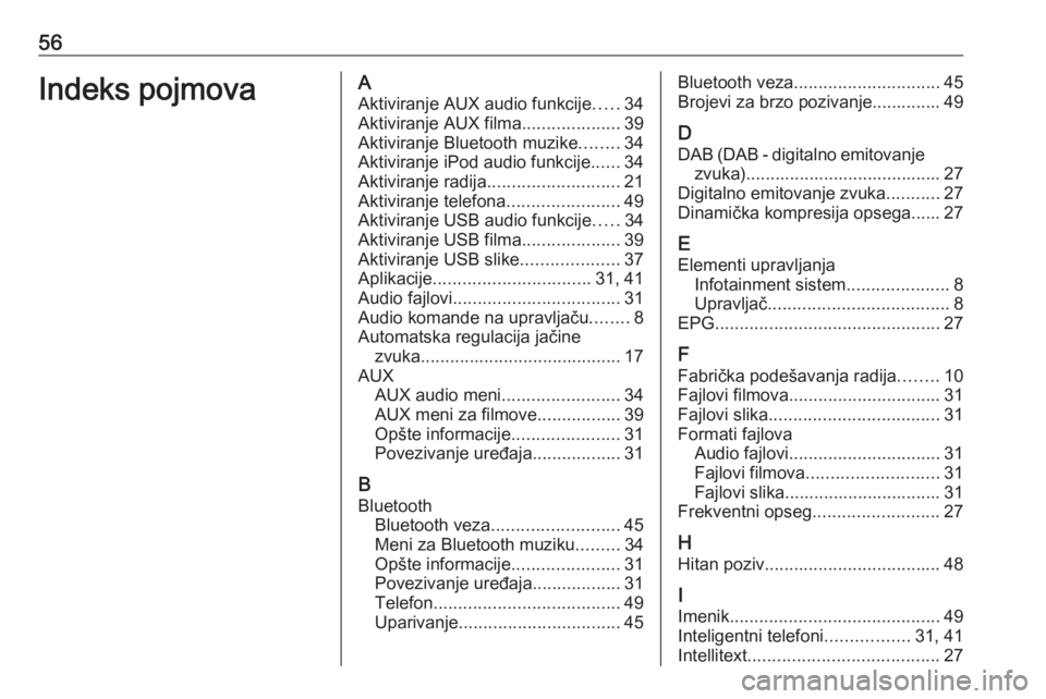 OPEL CORSA 2016 Uputstvo za rukovanje Infotainment sistemom (in Serbian) 56Indeks pojmovaAAktiviranje AUX audio funkcije .....34
Aktiviranje AUX filma ....................39
Aktiviranje Bluetooth muzike ........34
Aktiviranje iPod audio funkcije ......34
Aktiviranje radija OPEL CORSA 2016 Uputstvo za rukovanje Infotainment sistemom (in Serbian) 56Indeks pojmovaAAktiviranje AUX audio funkcije .....34
Aktiviranje AUX filma ....................39
Aktiviranje Bluetooth muzike ........34
Aktiviranje iPod audio funkcije ......34
Aktiviranje radija