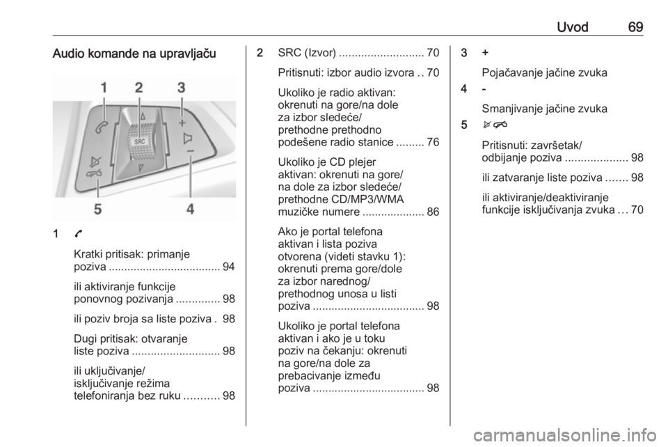 OPEL CORSA 2016  Uputstvo za rukovanje Infotainment sistemom (in Serbian) Uvod69Audio komande na upravljaču
17
Kratki pritisak: primanje
poziva .................................... 94
ili aktiviranje funkcije
ponovnog pozivanja ..............98
ili poziv broja sa liste poz