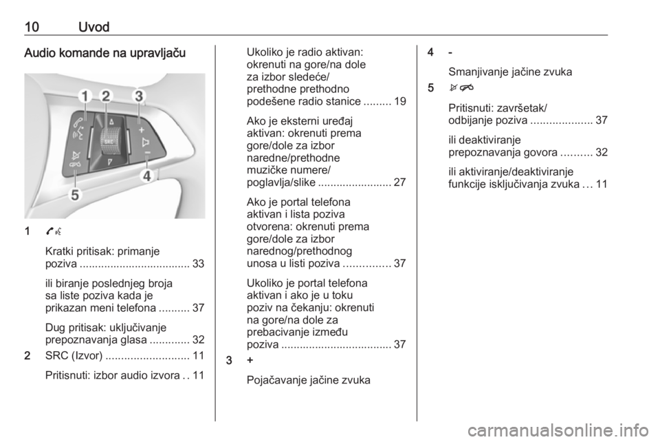 OPEL CORSA 2016.5 Uputstvo za rukovanje Infotainment sistemom (in Serbian) 10UvodAudio komande na upravljaču
17w
Kratki pritisak: primanje
poziva .................................... 33
ili biranje poslednjeg broja
sa liste poziva kada je
prikazan meni telefona ..........37 OPEL CORSA 2016.5 Uputstvo za rukovanje Infotainment sistemom (in Serbian) 10UvodAudio komande na upravljaču
17w
Kratki pritisak: primanje
poziva .................................... 33
ili biranje poslednjeg broja
sa liste poziva kada je
prikazan meni telefona ..........37