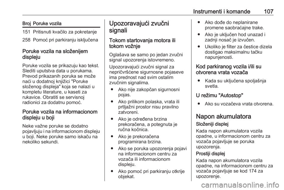 OPEL CORSA 2017  Uputstvo za upotrebu (in Serbian) Instrumenti i komande107BrojPoruke vozila151Pritisnuti kvačilo za pokretanje258Pomoć pri parkiranju isključena
Poruke vozila na složenijem
displeju
Poruke vozila se prikazuju kao tekst. Slediti up