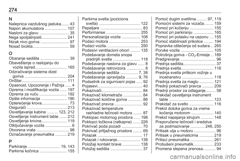 OPEL CORSA 2017  Uputstvo za upotrebu (in Serbian) 274NNalepnica vazdušnog jastuka .......43
Napon akumulatora  ...................107
Nasloni za glavu  ..........................35
Nega spoljašnjosti ......................241
Nizak nivo goriva  ...