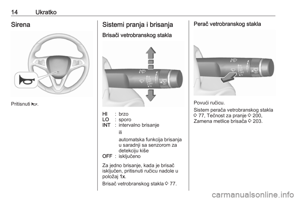 OPEL CORSA E 2017.5  Uputstvo za upotrebu (in Serbian) 14UkratkoSirena
Pritisnuti j.
Sistemi pranja i brisanja
Brisači vetrobranskog staklaHI:brzoLO:sporoINT:intervalno brisanje
ili
automatska funkcija brisanja
u saradnji sa senzorom za
detekciju kišeOF