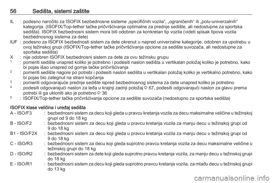 OPEL CORSA E 2018.5  Uputstvo za upotrebu (in Serbian) 56Sedišta, sistemi zaštiteIL:podesno naročito za ISOFIX bezbednosne sisteme „specifičnih vozila“, „ograničenih“ ili „polu-univerzalnih“kategorija. (ISOFIX/Top-tether tačke pričvrš�