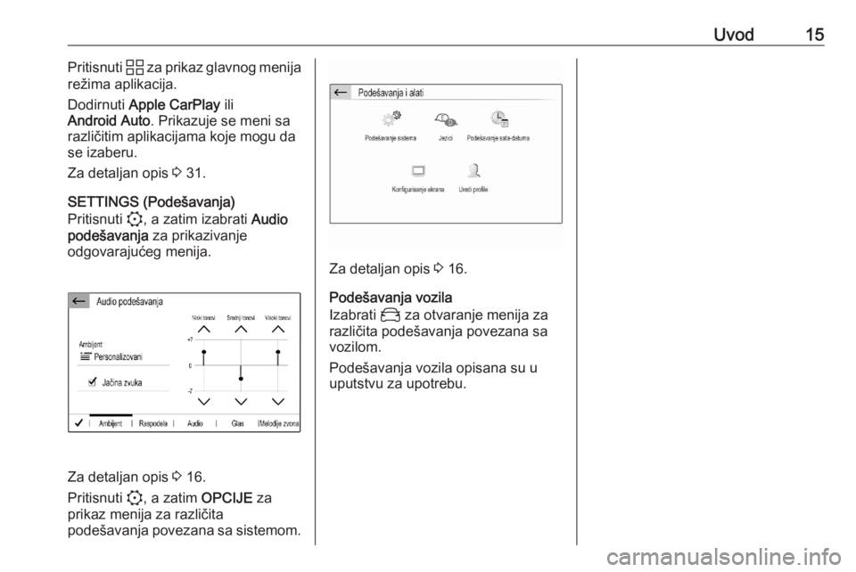 OPEL CORSA F 2020  Uputstvo za rukovanje Infotainment sistemom (in Serbian) Uvod15Pritisnuti d za prikaz glavnog menija
režima aplikacija.
Dodirnuti  Apple CarPlay  ili
Android Auto . Prikazuje se meni sa
različitim aplikacijama koje mogu da
se izaberu.
Za detaljan opis  3 